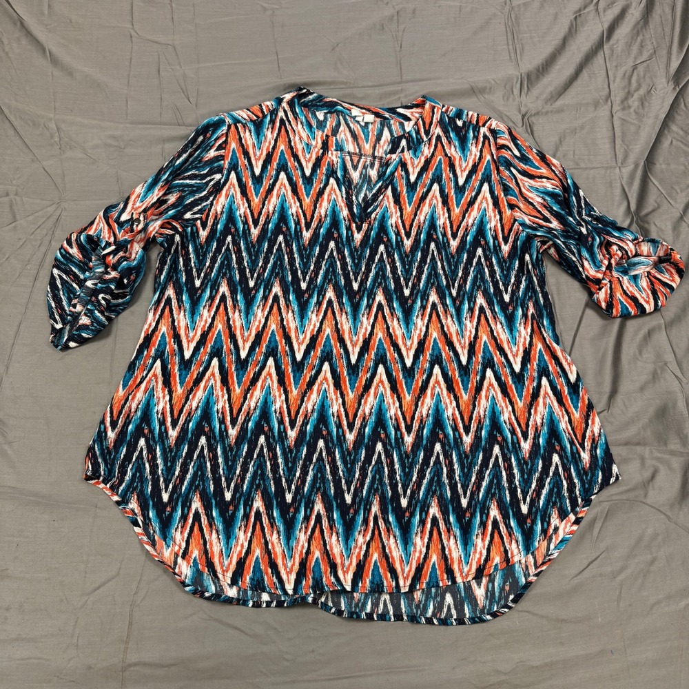 Est 1946 Womens Plus Size 18/20W Chevron Ikat Roll Tab Sleeve Blouse Top Orange